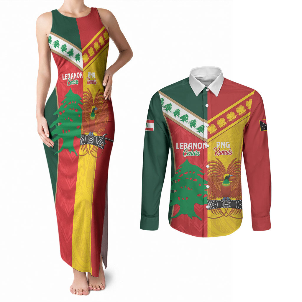 Custom Rugby Papua New Guinea and Lebanon Couples Matching Tank Maxi Dress and Long Sleeve Button Shirt PNG Kumuls Cedars Together