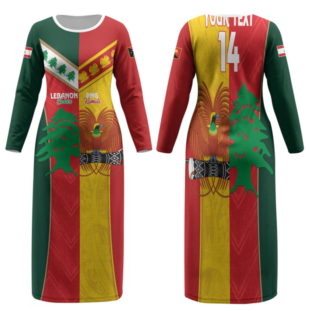 Custom Rugby Papua New Guinea and Lebanon Family Matching Long Sleeve Bodycon Dress and Hawaiian Shirt PNG Kumuls Cedars Together