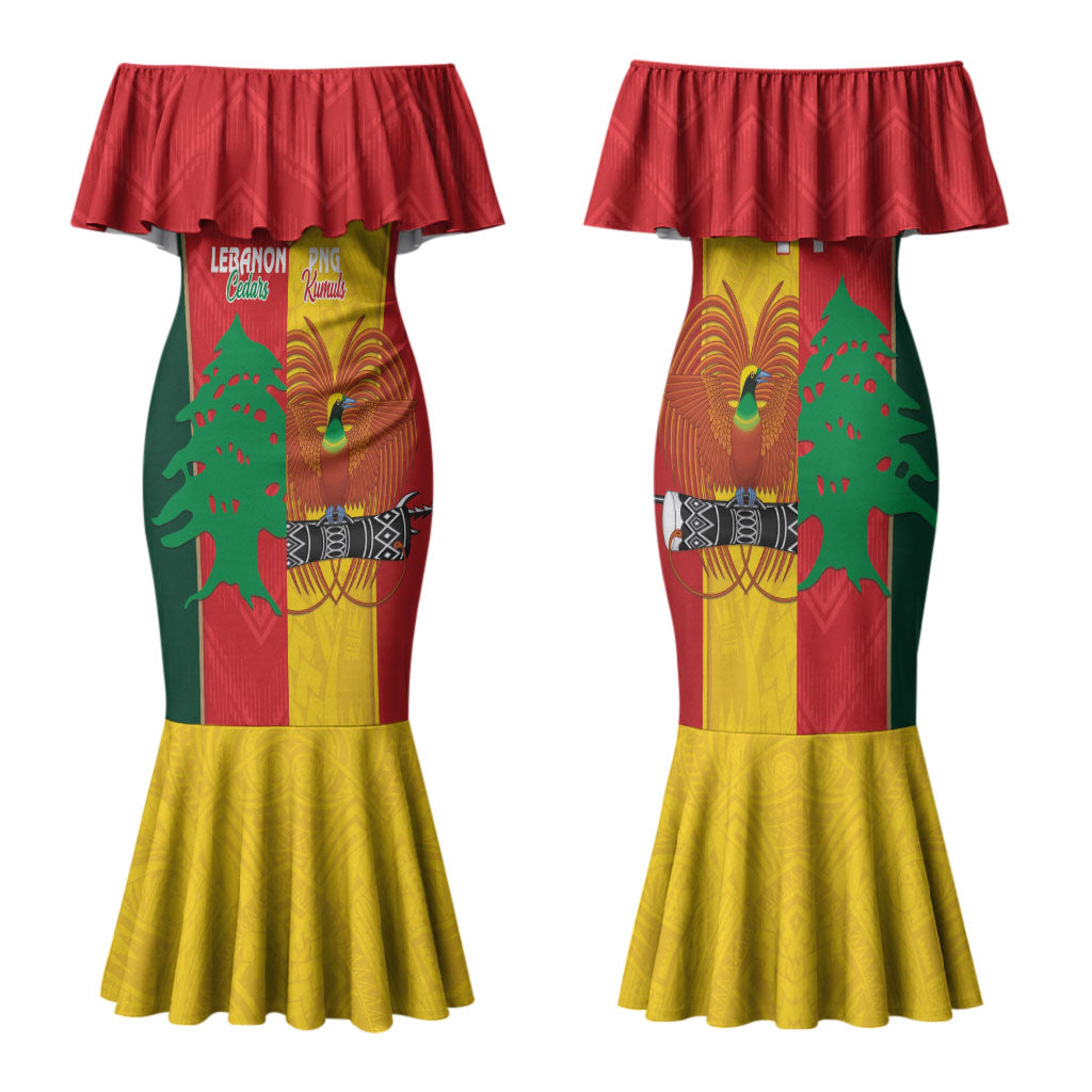 Custom Rugby Papua New Guinea and Lebanon Family Matching Mermaid Dress and Hawaiian Shirt PNG Kumuls Cedars Together