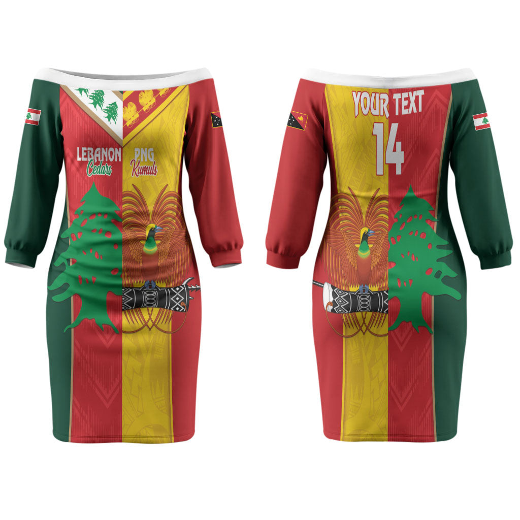 Custom Rugby Papua New Guinea and Lebanon Family Matching Off The Shoulder Long Sleeve Dress and Hawaiian Shirt PNG Kumuls Cedars Together
