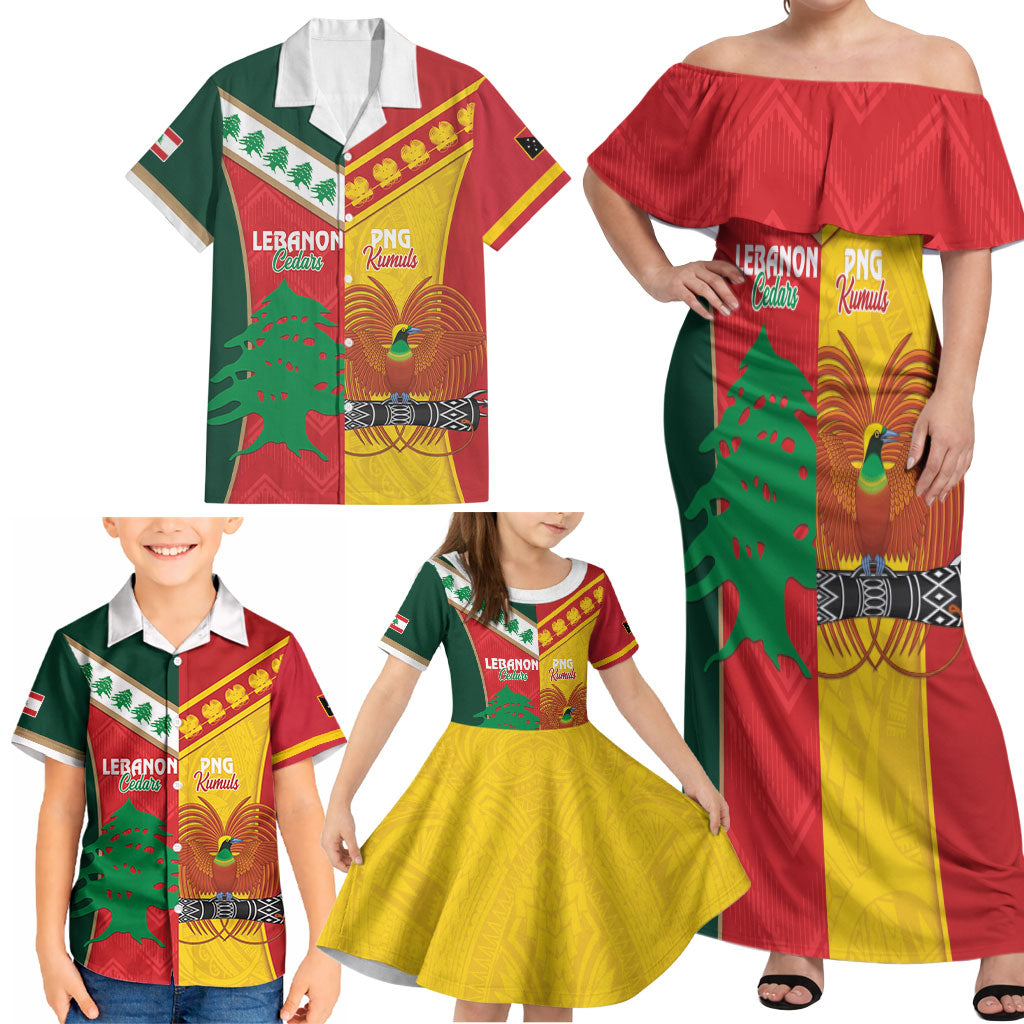 Custom Rugby Papua New Guinea and Lebanon Family Matching Off Shoulder Maxi Dress and Hawaiian Shirt PNG Kumuls Cedars Together