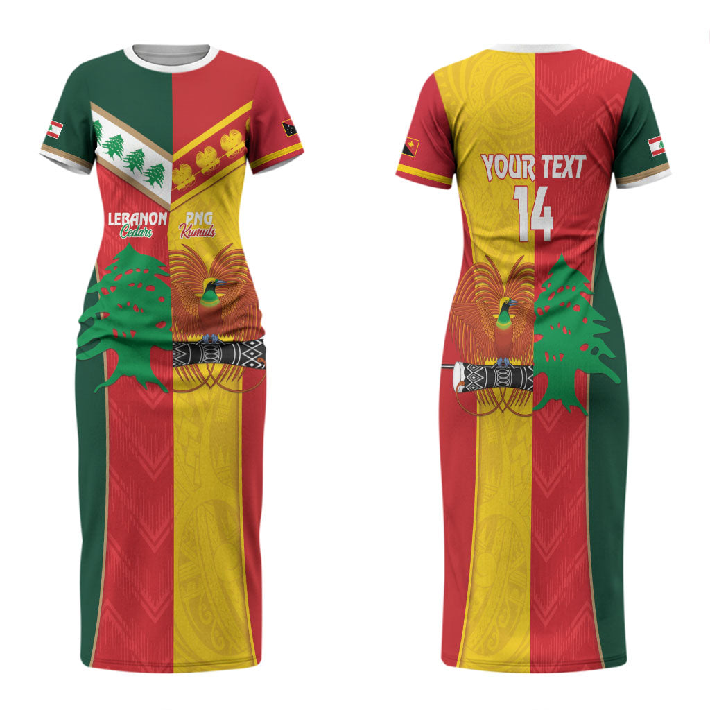 Custom Rugby Papua New Guinea and Lebanon Family Matching Short Sleeve Bodycon Dress and Hawaiian Shirt PNG Kumuls Cedars Together