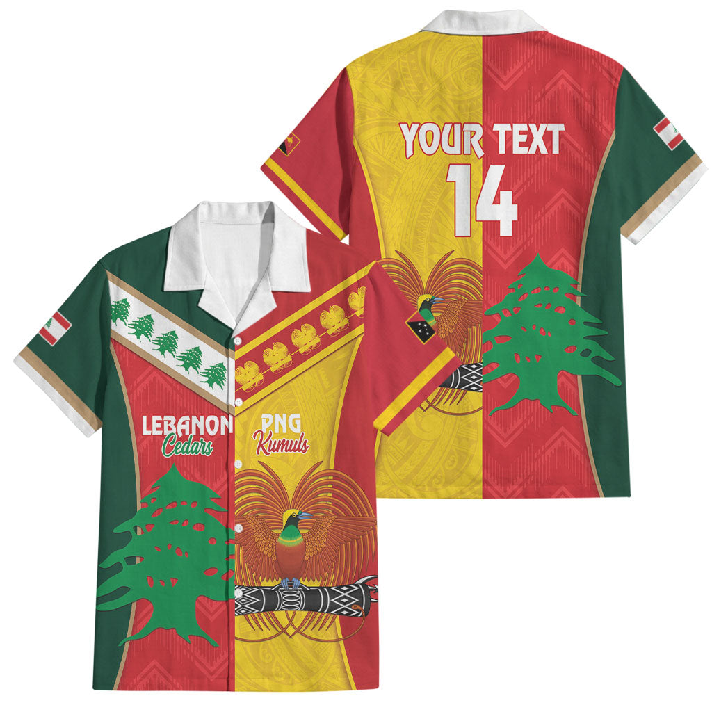 Custom Rugby Papua New Guinea and Lebanon Family Matching Short Sleeve Bodycon Dress and Hawaiian Shirt PNG Kumuls Cedars Together