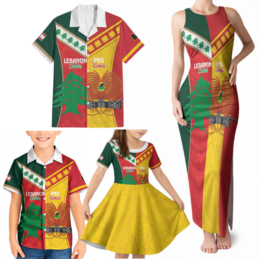 Custom Rugby Papua New Guinea and Lebanon Family Matching Tank Maxi Dress and Hawaiian Shirt PNG Kumuls Cedars Together