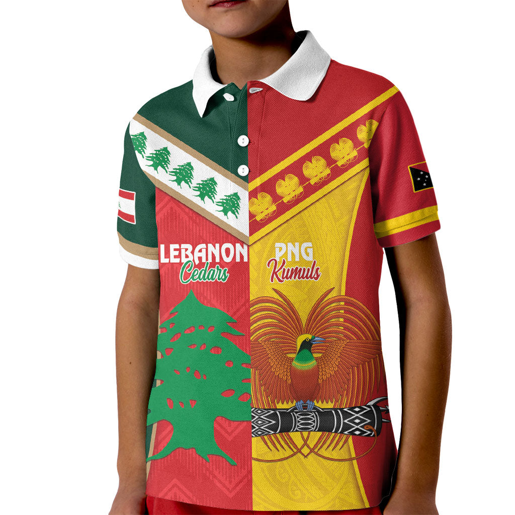 Custom Rugby Papua New Guinea and Lebanon Kid Polo Shirt PNG Kumuls Cedars Together