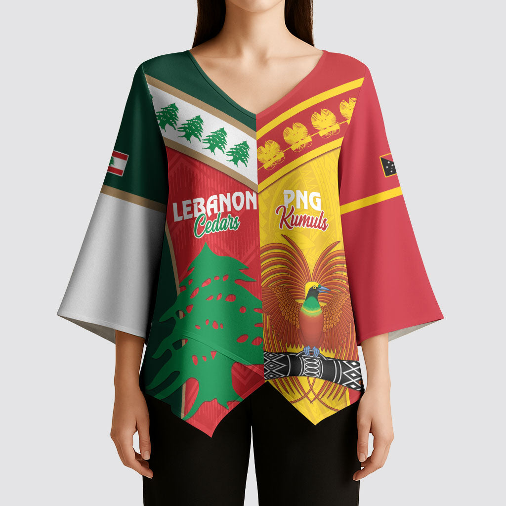 Custom Rugby Papua New Guinea and Lebanon Kimono Sleeve Blouse PNG Kumuls Cedars Together