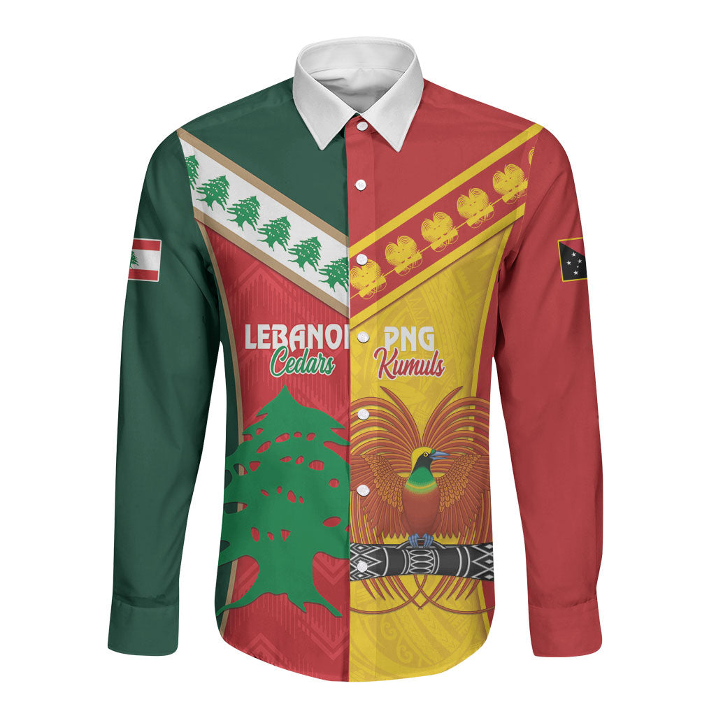 Custom Rugby Papua New Guinea and Lebanon Long Sleeve Button Shirt PNG Kumuls Cedars Together