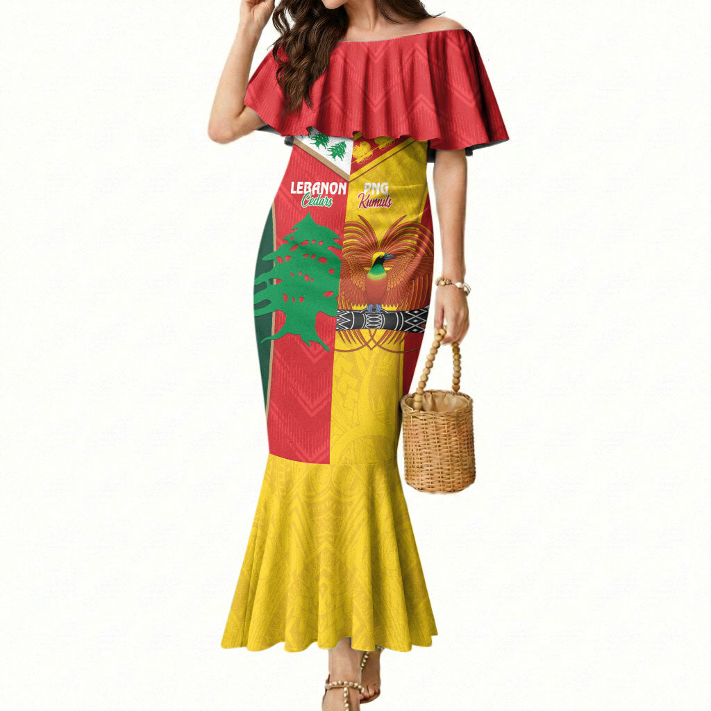 Custom Rugby Papua New Guinea and Lebanon Mermaid Dress PNG Kumuls Cedars Together