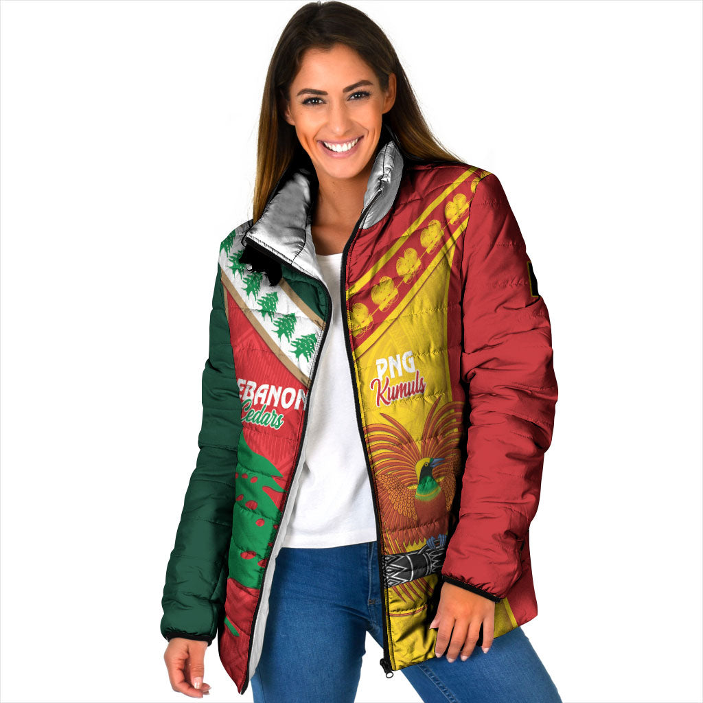 Custom Rugby Papua New Guinea and Lebanon Padded Jacket PNG Kumuls Cedars Together