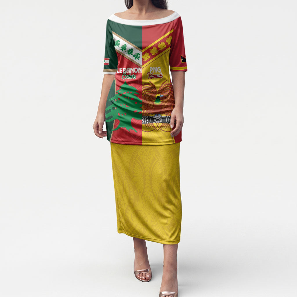 Custom Rugby Papua New Guinea and Lebanon Puletasi PNG Kumuls Cedars Together LT14 Long Dress Multicolor - Polynesian Pride