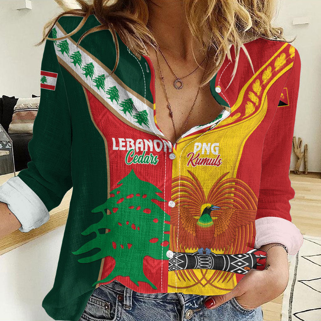 Custom Rugby Papua New Guinea and Lebanon Women Casual Shirt PNG Kumuls Cedars Together LT14 Female Multicolor - Polynesian Pride
