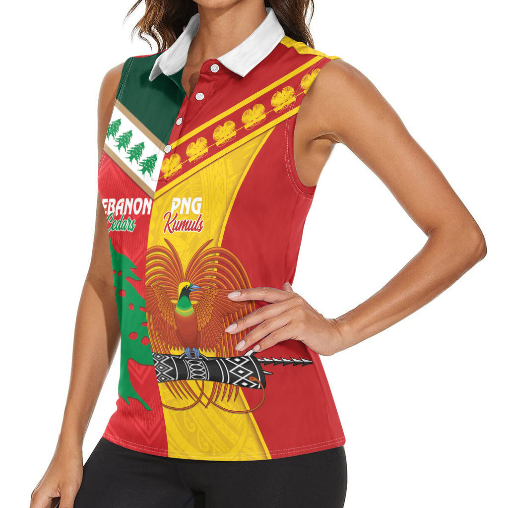 Custom Rugby Papua New Guinea and Lebanon Women Sleeveless Polo Shirt PNG Kumuls Cedars Together