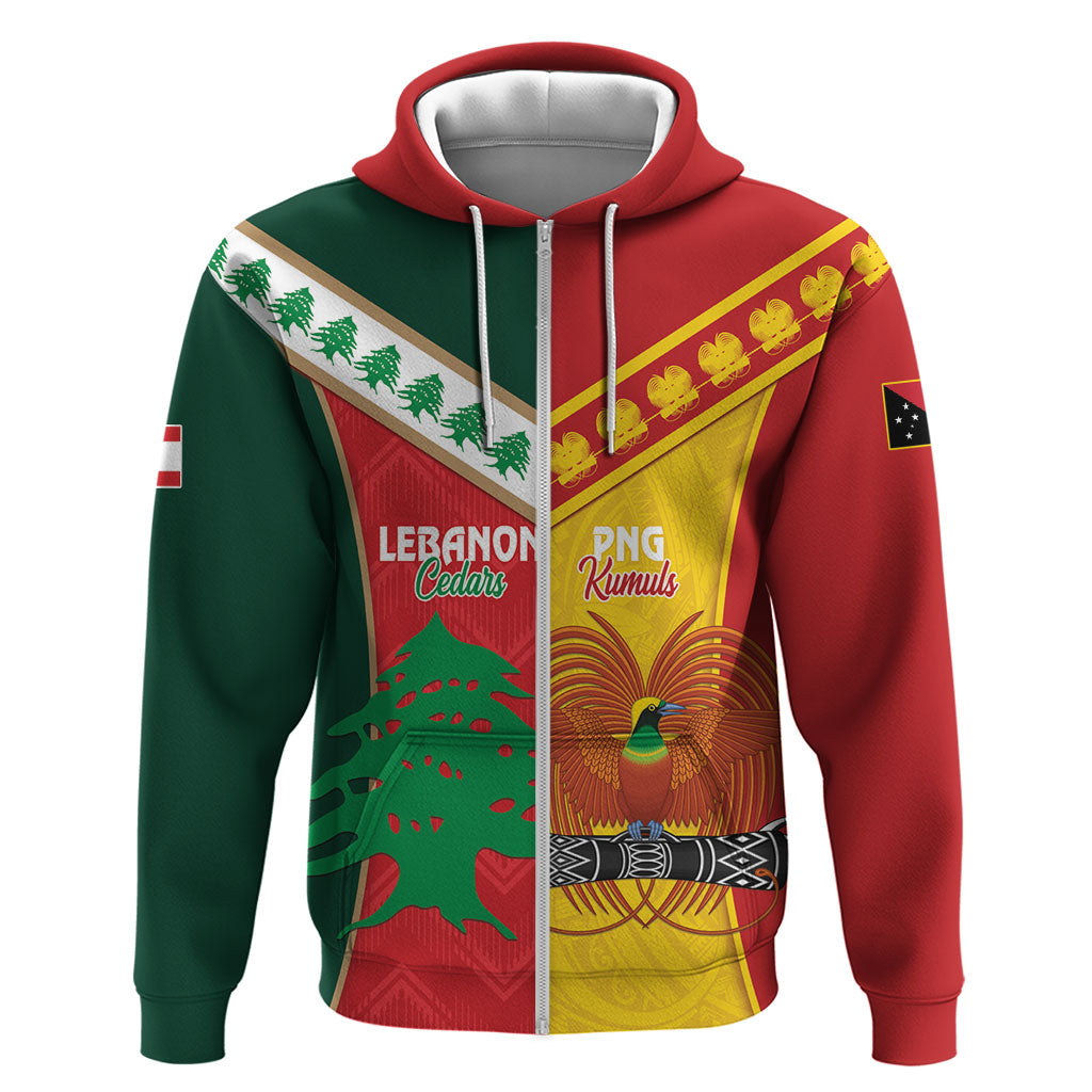 Custom Rugby Papua New Guinea and Lebanon Zip Hoodie PNG Kumuls Cedars Together