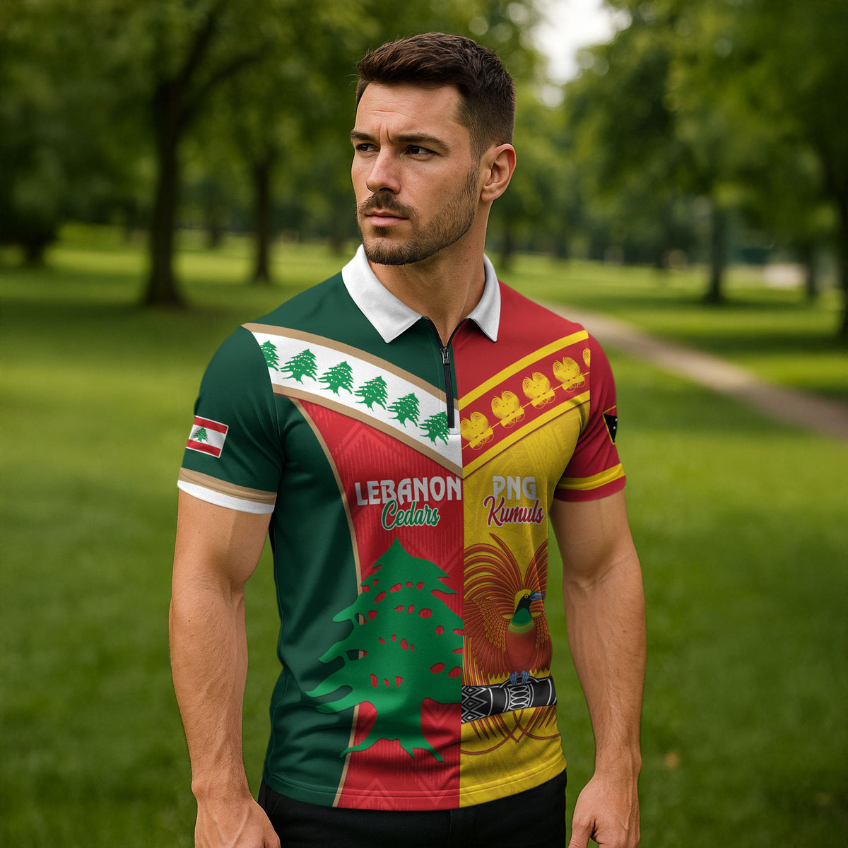 Custom Rugby Papua New Guinea and Lebanon Zipper Polo Shirt PNG Kumuls Cedars Together