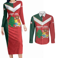 Custom Rugby Tonga and Lebanon Couples Matching Long Sleeve Bodycon Dress and Long Sleeve Button Shirt Mate Maa Tonga Cedars Together