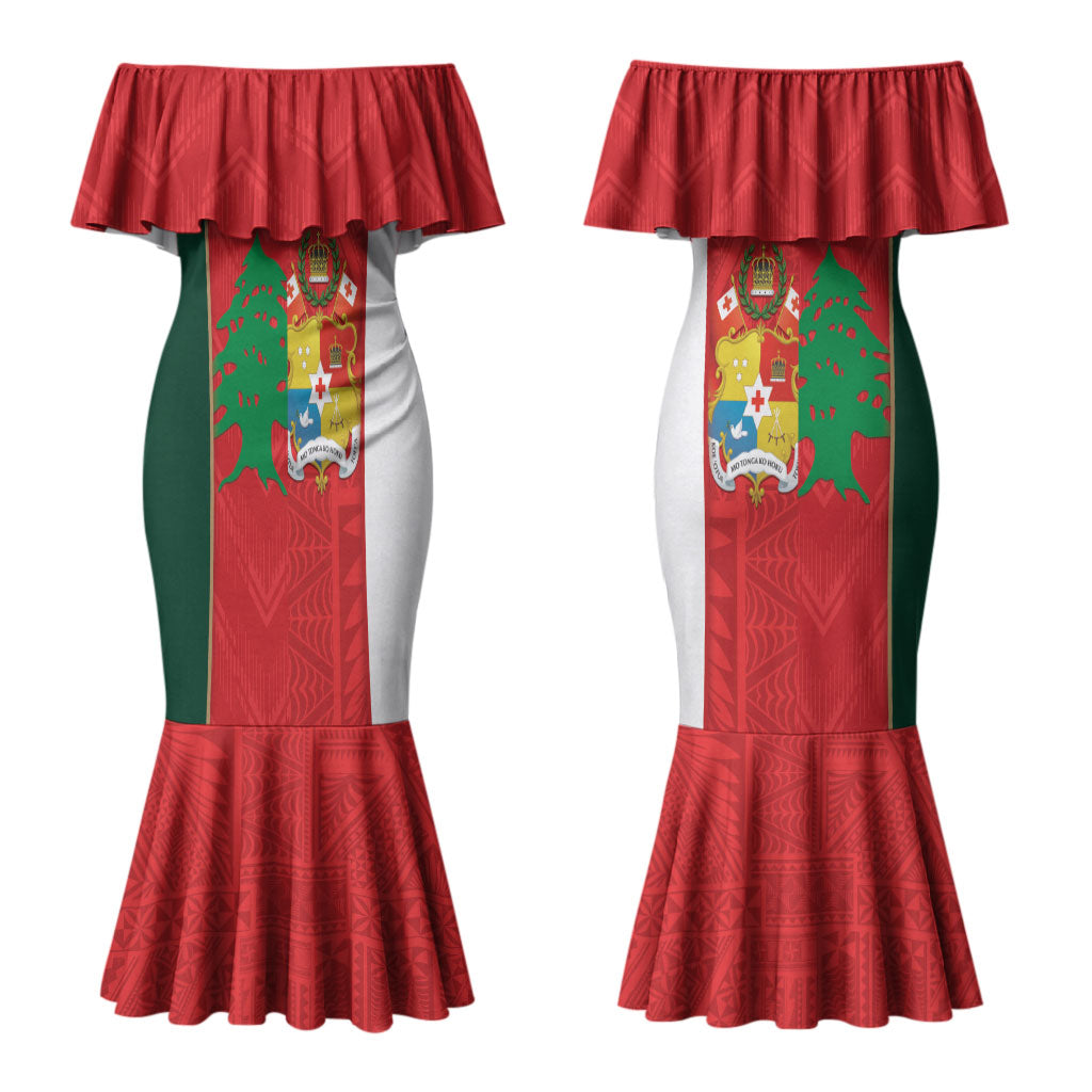 Custom Rugby Tonga and Lebanon Couples Matching Mermaid Dress and Long Sleeve Button Shirt Mate Maa Tonga Cedars Together