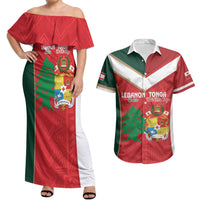 Custom Rugby Tonga and Lebanon Couples Matching Off Shoulder Maxi Dress and Hawaiian Shirt Mate Maa Tonga Cedars Together