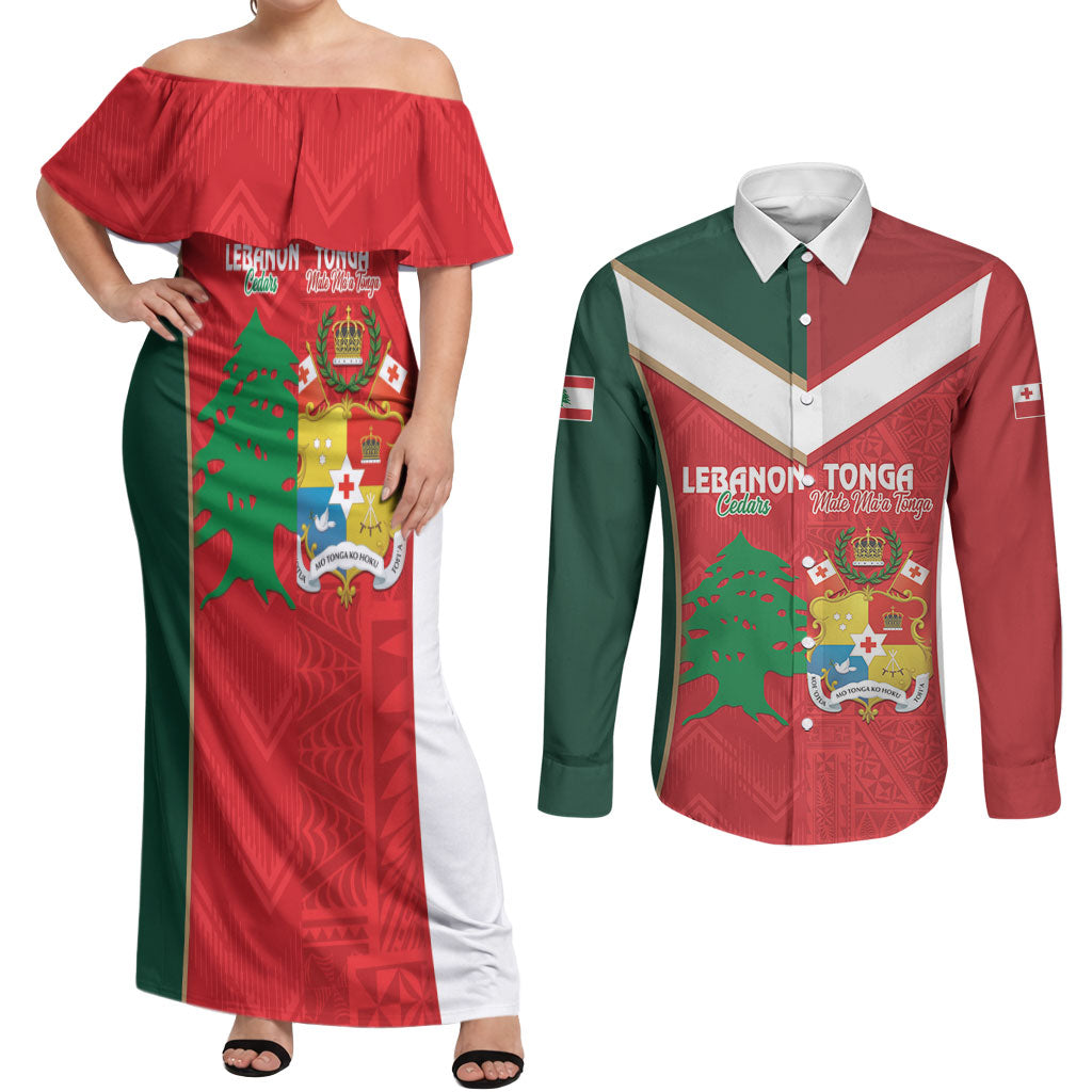 Custom Rugby Tonga and Lebanon Couples Matching Off Shoulder Maxi Dress and Long Sleeve Button Shirt Mate Maa Tonga Cedars Together