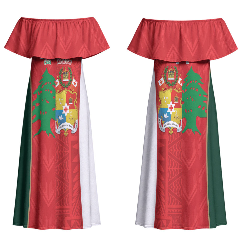 Custom Rugby Tonga and Lebanon Couples Matching Off Shoulder Maxi Dress and Long Sleeve Button Shirt Mate Maa Tonga Cedars Together