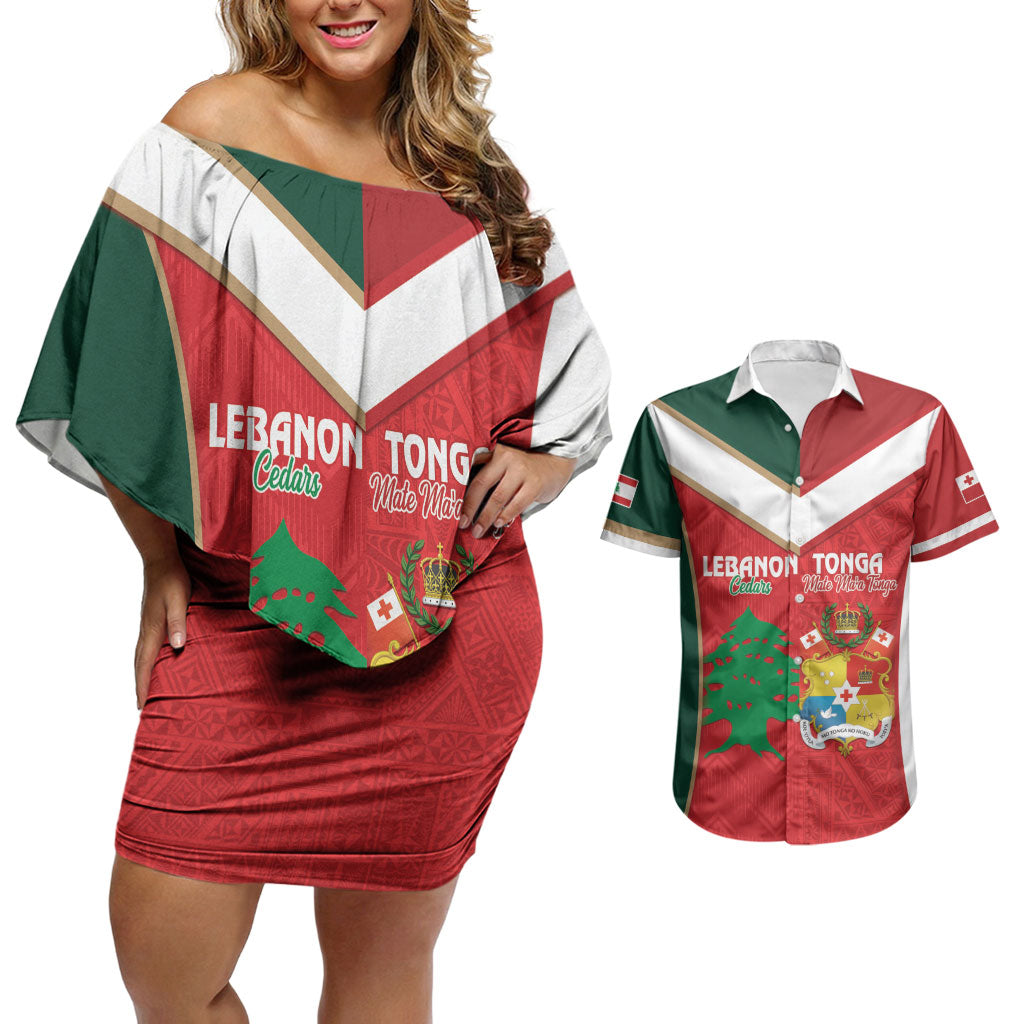 Custom Rugby Tonga and Lebanon Couples Matching Off Shoulder Short Dress and Hawaiian Shirt Mate Maa Tonga Cedars Together