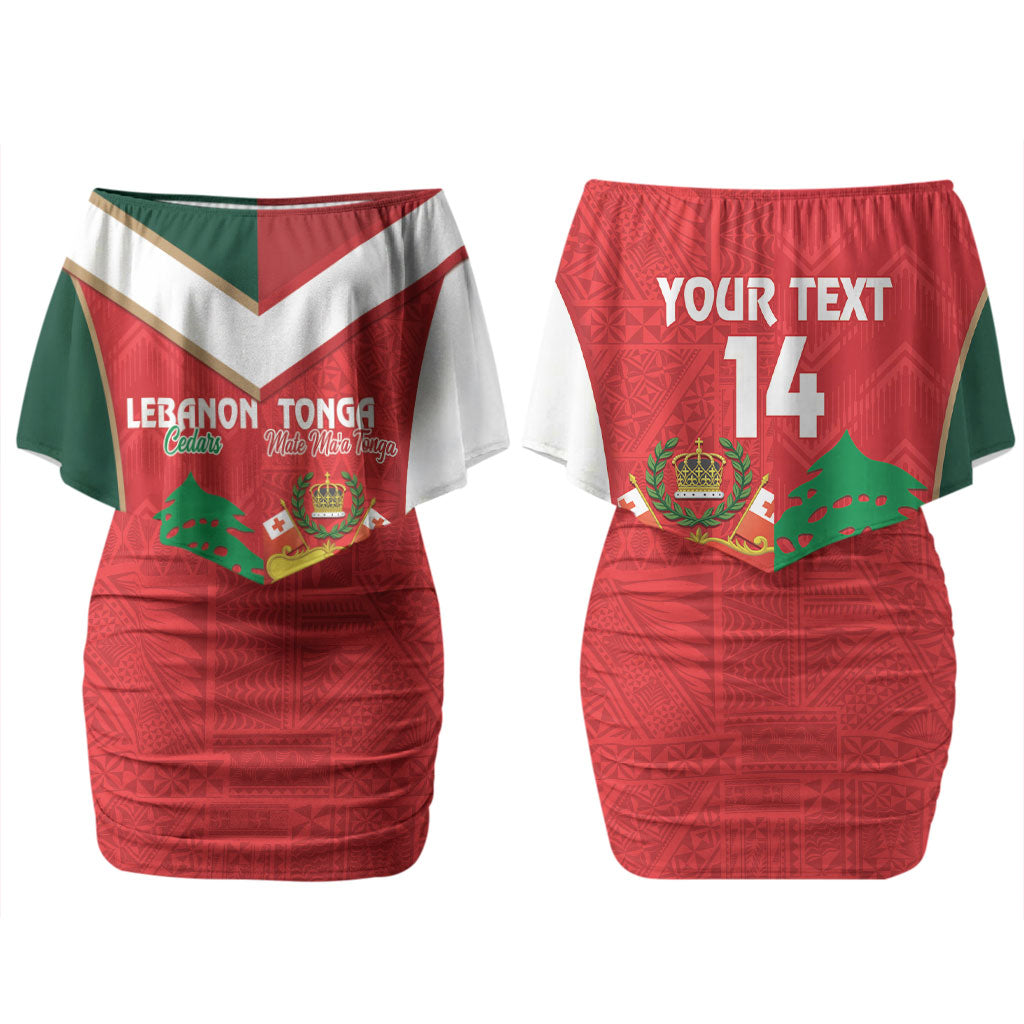 Custom Rugby Tonga and Lebanon Couples Matching Off Shoulder Short Dress and Hawaiian Shirt Mate Maa Tonga Cedars Together
