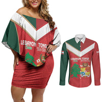 Custom Rugby Tonga and Lebanon Couples Matching Off Shoulder Short Dress and Long Sleeve Button Shirt Mate Maa Tonga Cedars Together