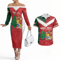 Custom Rugby Tonga and Lebanon Couples Matching Off The Shoulder Long Sleeve Dress and Hawaiian Shirt Mate Maa Tonga Cedars Together