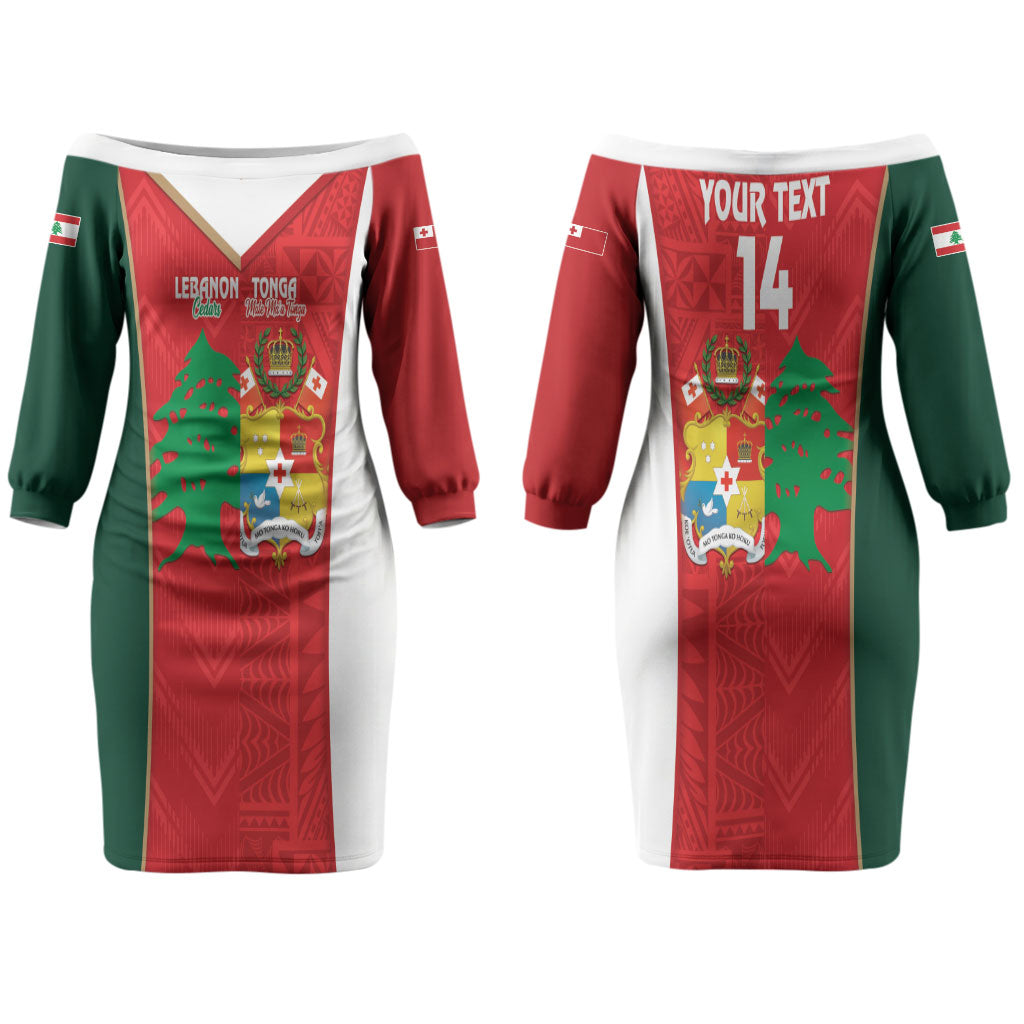 Custom Rugby Tonga and Lebanon Couples Matching Off The Shoulder Long Sleeve Dress and Hawaiian Shirt Mate Maa Tonga Cedars Together