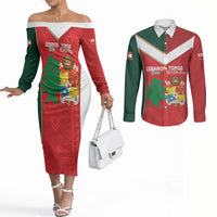 Custom Rugby Tonga and Lebanon Couples Matching Off The Shoulder Long Sleeve Dress and Long Sleeve Button Shirt Mate Maa Tonga Cedars Together