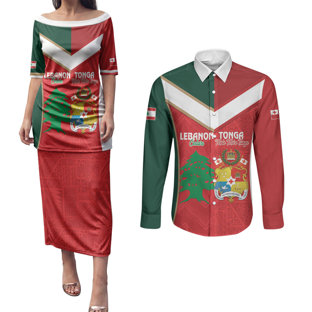 Custom Rugby Tonga and Lebanon Couples Matching Puletasi and Long Sleeve Button Shirt Mate Maa Tonga Cedars Together