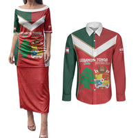 Custom Rugby Tonga and Lebanon Couples Matching Puletasi and Long Sleeve Button Shirt Mate Maa Tonga Cedars Together