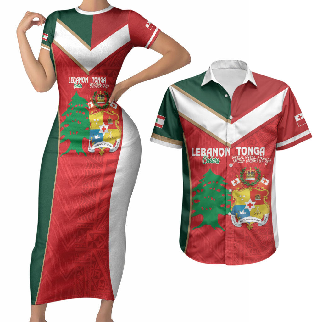 Custom Rugby Tonga and Lebanon Couples Matching Short Sleeve Bodycon Dress and Hawaiian Shirt Mate Maa Tonga Cedars Together