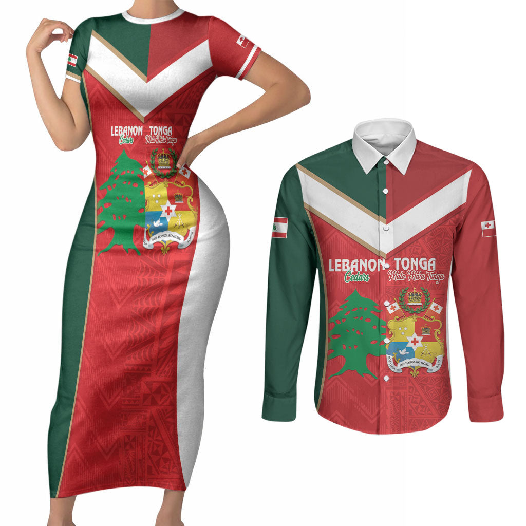 Custom Rugby Tonga and Lebanon Couples Matching Short Sleeve Bodycon Dress and Long Sleeve Button Shirt Mate Maa Tonga Cedars Together LT14 Multicolor - Polynesian Pride