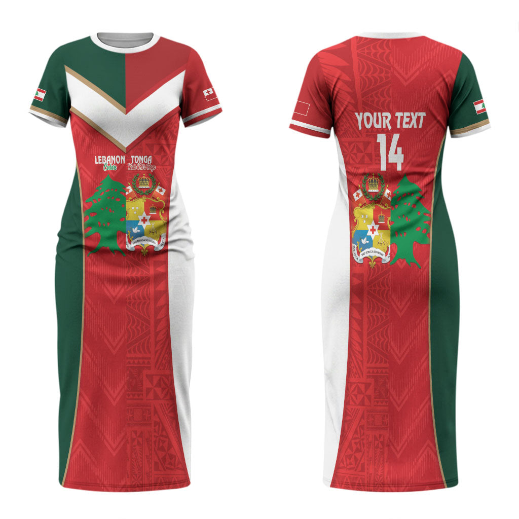 Custom Rugby Tonga and Lebanon Couples Matching Short Sleeve Bodycon Dress and Long Sleeve Button Shirt Mate Maa Tonga Cedars Together