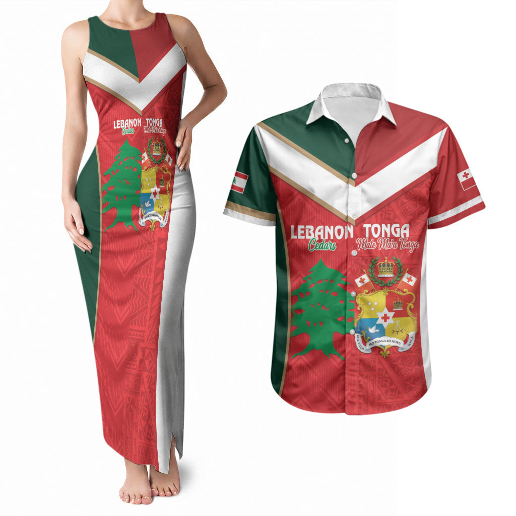 Custom Rugby Tonga and Lebanon Couples Matching Tank Maxi Dress and Hawaiian Shirt Mate Maa Tonga Cedars Together