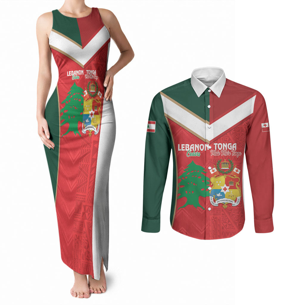 Custom Rugby Tonga and Lebanon Couples Matching Tank Maxi Dress and Long Sleeve Button Shirt Mate Maa Tonga Cedars Together