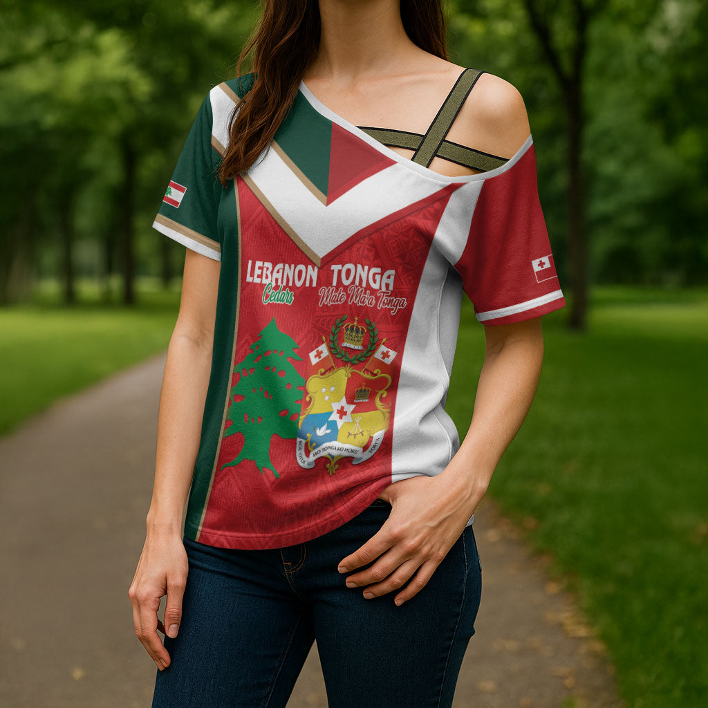 Custom Rugby Tonga and Lebanon Cross Shoulder Shirt Mate Maa Tonga Cedars Together