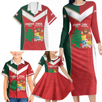Custom Rugby Tonga and Lebanon Family Matching Long Sleeve Bodycon Dress and Hawaiian Shirt Mate Maa Tonga Cedars Together