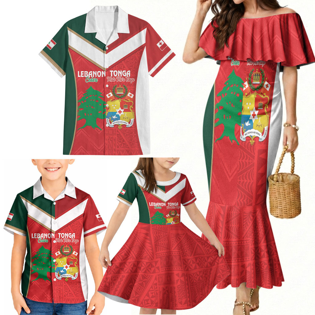 Custom Rugby Tonga and Lebanon Family Matching Mermaid Dress and Hawaiian Shirt Mate Maa Tonga Cedars Together