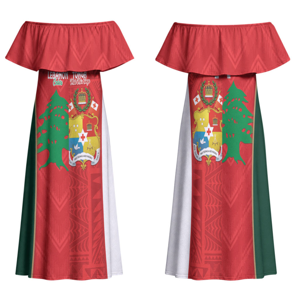 Custom Rugby Tonga and Lebanon Family Matching Off Shoulder Maxi Dress and Hawaiian Shirt Mate Maa Tonga Cedars Together
