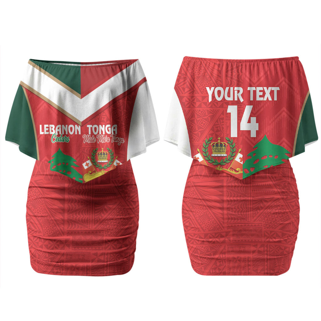 Custom Rugby Tonga and Lebanon Family Matching Off Shoulder Short Dress and Hawaiian Shirt Mate Maa Tonga Cedars Together