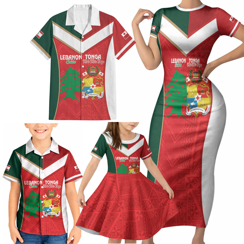 Custom Rugby Tonga and Lebanon Family Matching Short Sleeve Bodycon Dress and Hawaiian Shirt Mate Maa Tonga Cedars Together LT14 - Polynesian Pride