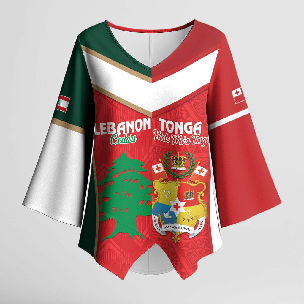 Custom Rugby Tonga and Lebanon Kimono Sleeve Blouse Mate Maa Tonga Cedars Together LT14 Female Multicolor - Polynesian Pride