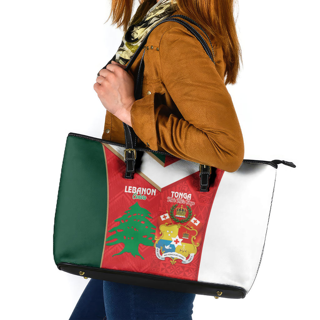 Rugby Tonga and Lebanon Leather Tote Bag Mate Maa Tonga Cedars Together LT14 Multicolor - Polynesian Pride