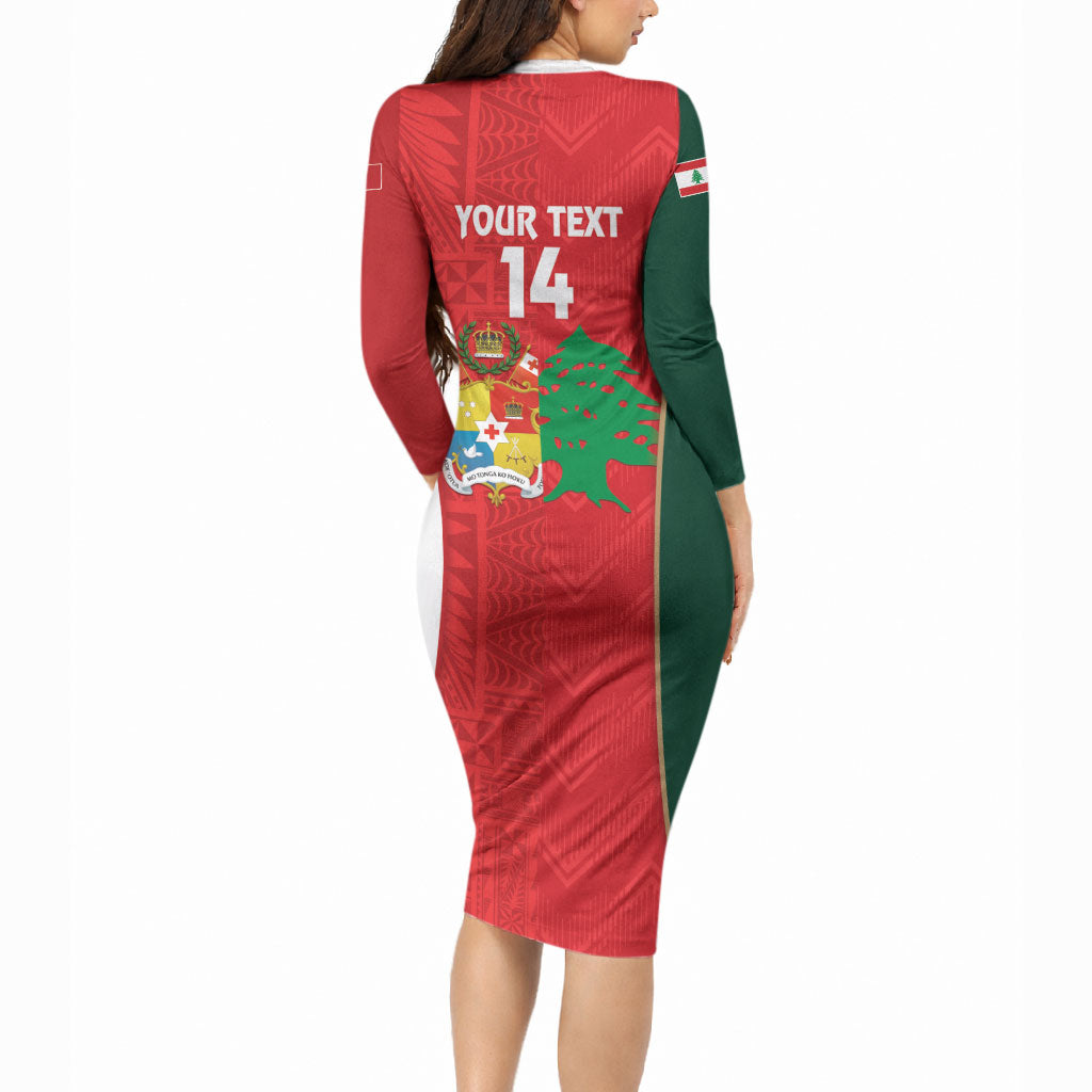 Custom Rugby Tonga and Lebanon Long Sleeve Bodycon Dress Mate Maa Tonga Cedars Together