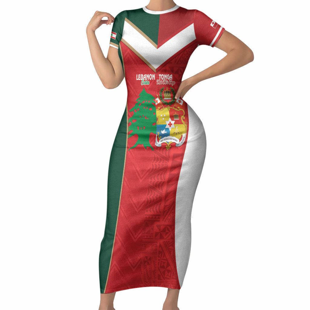 Custom Rugby Tonga and Lebanon Short Sleeve Bodycon Dress Mate Maa Tonga Cedars Together LT14 Long Dress Multicolor - Polynesian Pride