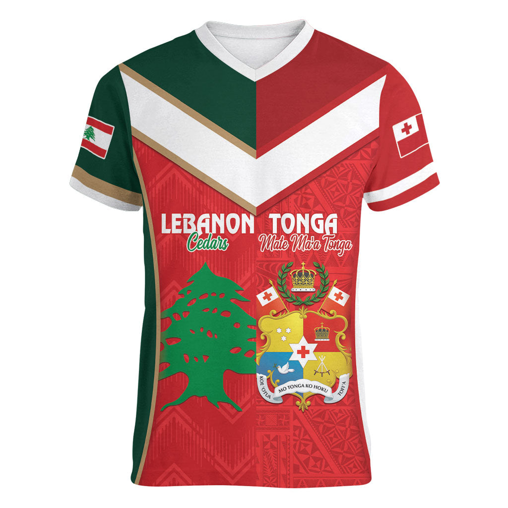 Custom Rugby Tonga and Lebanon Women V-Neck T-Shirt Mate Maa Tonga Cedars Together