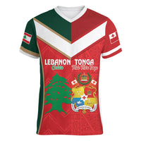 Custom Rugby Tonga and Lebanon Women V-Neck T-Shirt Mate Maa Tonga Cedars Together