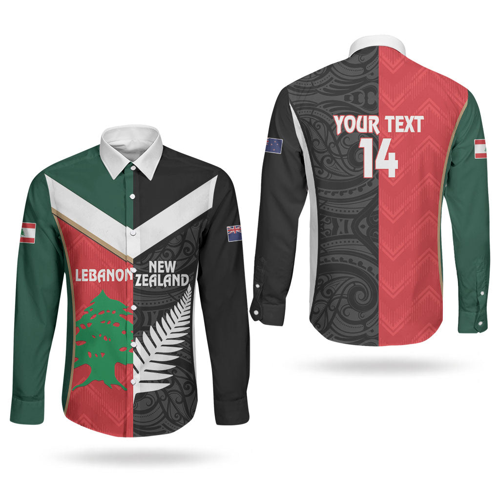 Custom Rugby New Zealand and Lebanon Couples Matching Puletasi and Long Sleeve Button Shirt All Black Cedars Together