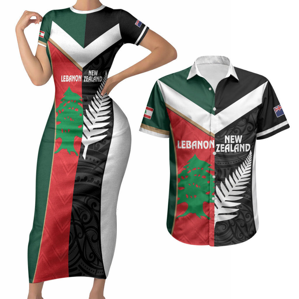Custom Rugby New Zealand and Lebanon Couples Matching Short Sleeve Bodycon Dress and Hawaiian Shirt All Black Cedars Together LT14 Multicolor - Polynesian Pride